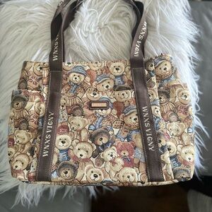 Teddy Bear Tapestry Tote Bag - Multicolor Brown Straps